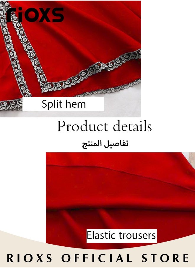 RIOXS - Women's 5 Pcs Pajama Sets, Velvet Lace Trim Sleepwear Dress Robe Pants Sets, Cami Top Nightgown, Ladies Comfy Soft Loungewear, Womens Pajamas Set For Lounging/  Sleeping/ Daily Wearing - Image 1