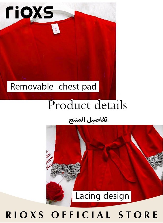 RIOXS - Women's 5 Pcs Pajama Sets, Velvet Lace Trim Sleepwear Dress Robe Pants Sets, Cami Top Nightgown, Ladies Comfy Soft Loungewear, Womens Pajamas Set For Lounging/  Sleeping/ Daily Wearing - Image 1
