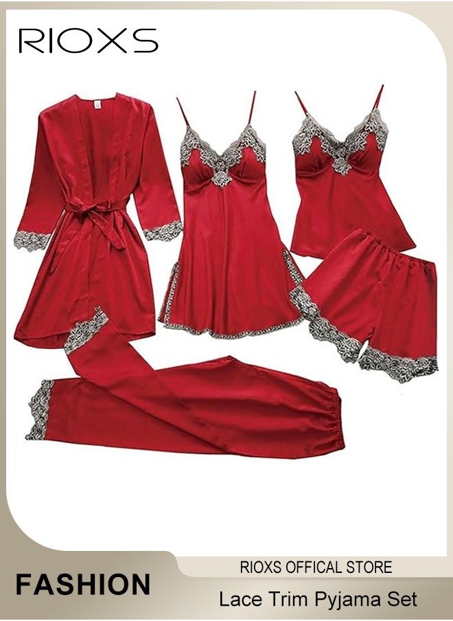 RIOXS - Women's 5 Pcs Pajama Sets, Velvet Lace Trim Sleepwear Dress Robe Pants Sets, Cami Top Nightgown, Ladies Comfy Soft Loungewear, Womens Pajamas Set For Lounging/  Sleeping/ Daily Wearing - Image 1