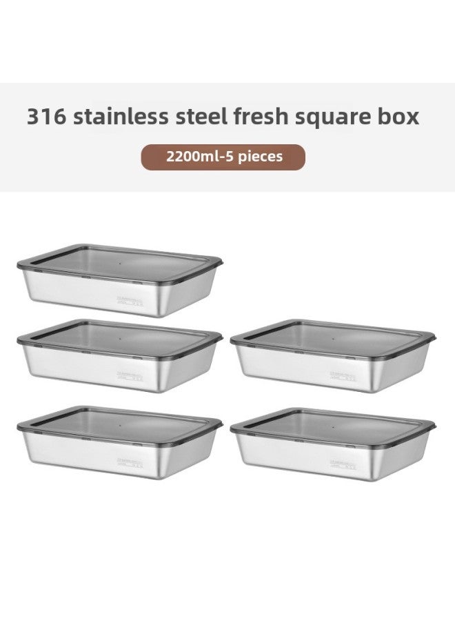 316 Stainless Steel Preservation Box Fruit Box Lunch Box Refrigerator Sealed Box Thickened Finishing Storage Box Freezer Box-Specifications:2200ml-5-piece Set [with Lid]  - Image 1