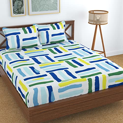 KAWI Elatic Fitted Bedsheets Queen Size(60"X78") Cotton Feel Double Bed All Around Elastic Fitting With 2 Pillow Covers-White/Green Color,220 TC - Image 1