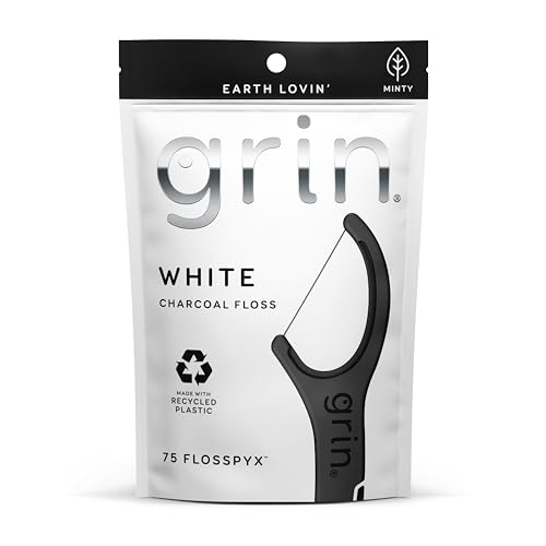 GRIN White Charcoal Infused Flosspyx 75 Count Dental Flossers Minty Flavor Recycled Plastic Charcoal Infused Floss Picks Premium Longer Floss Head Easy Slide Includes Soft FoldBack Tooth Pick