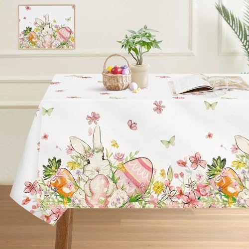 DISENB Easter Tablecloth 60 x 84 Inch, Bunny Egg Flowers Happy Easter Table Cloth, Stain and Wrinkle Resistant Washable Rectangle Table Cover for Spring Holiday Party Picnic Dinner Table Decor - Image 1