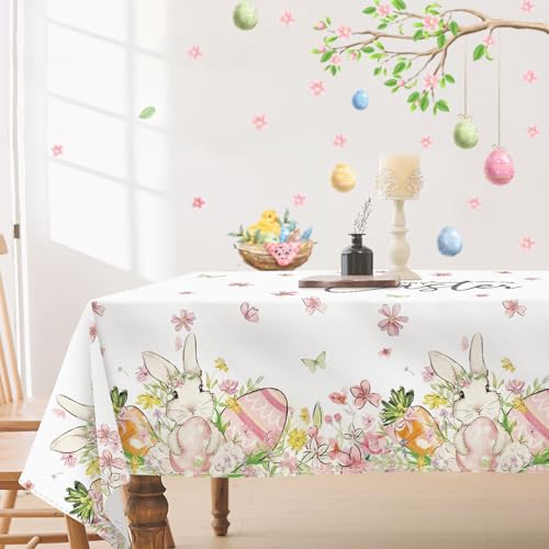 DISENB Easter Tablecloth 60 x 84 Inch, Bunny Egg Flowers Happy Easter Table Cloth, Stain and Wrinkle Resistant Washable Rectangle Table Cover for Spring Holiday Party Picnic Dinner Table Decor - Image 2