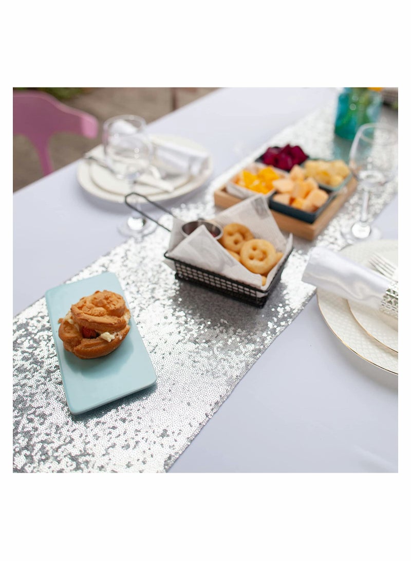 Excefore Sequin Table Runner Glitter Fabric Table Linens Runner Fabric Decorations for Holiday Wedding Birthday Outdoor Party Decor 12x72 inch, Silver - Image 2