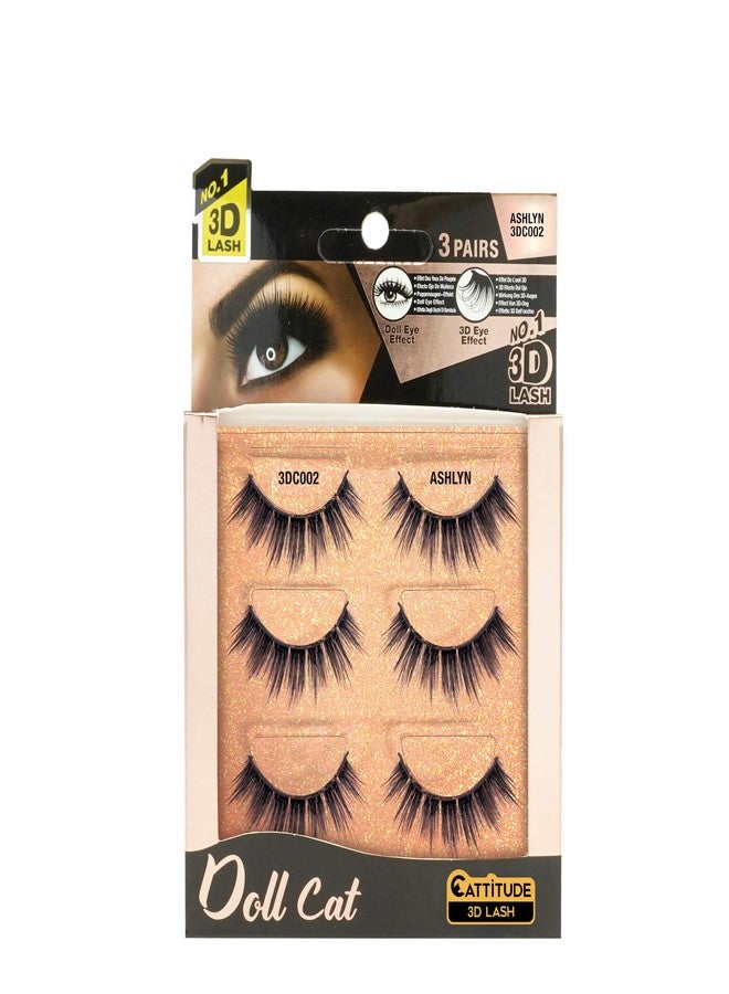 EBIN NEW YORK CATTITUDE 3D LASHES Ashlyn Doll Cat, Lightweight & Reusable, Cruelty-Free - 3 Pairs