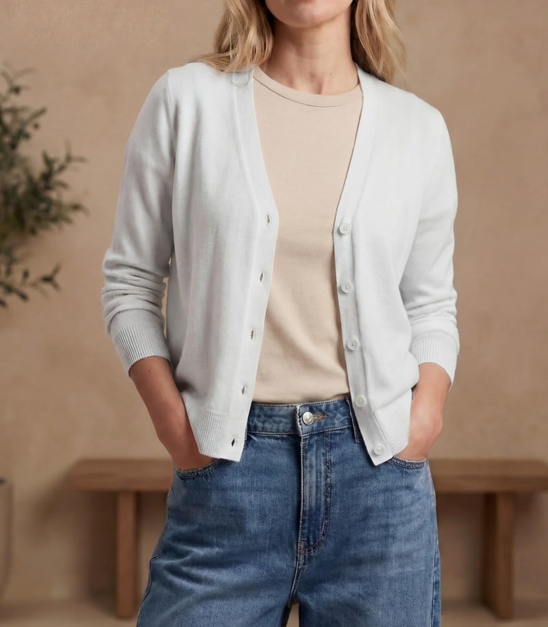 GRECERELLE Women's White Lightweight Cardigan Long Sleeve Button Down V-Neck Casual Knit Sweater for Dress, S - Image 3
