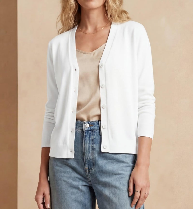 GRECERELLE Women's White Lightweight Cardigan Long Sleeve Button Down V-Neck Casual Knit Sweater for Dress, S - Image 2