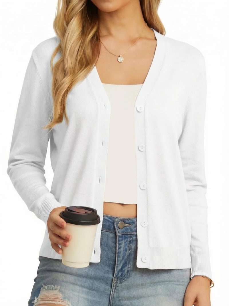 GRECERELLE Women's White Lightweight Cardigan Long Sleeve Button Down V-Neck Casual Knit Sweater for Dress, S - Image 1