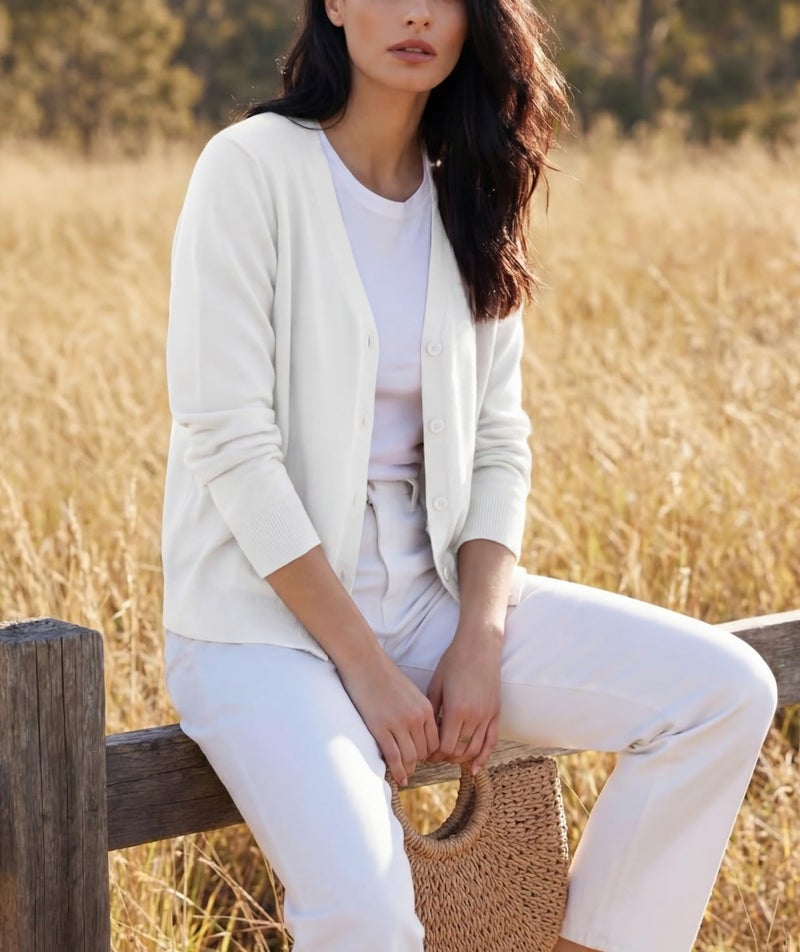 GRECERELLE Women's White Lightweight Cardigan Long Sleeve Button Down V-Neck Casual Knit Sweater for Dress, S - Image 4