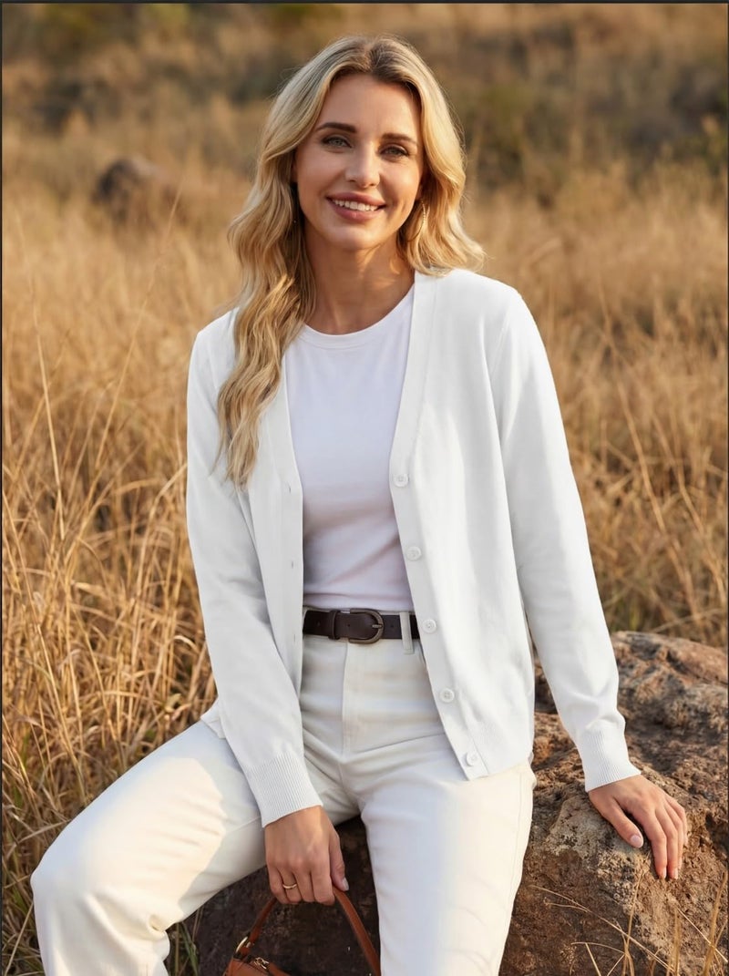GRECERELLE Women's White Lightweight Cardigan Long Sleeve Button Down V-Neck Casual Knit Sweater for Dress, S - Image 5