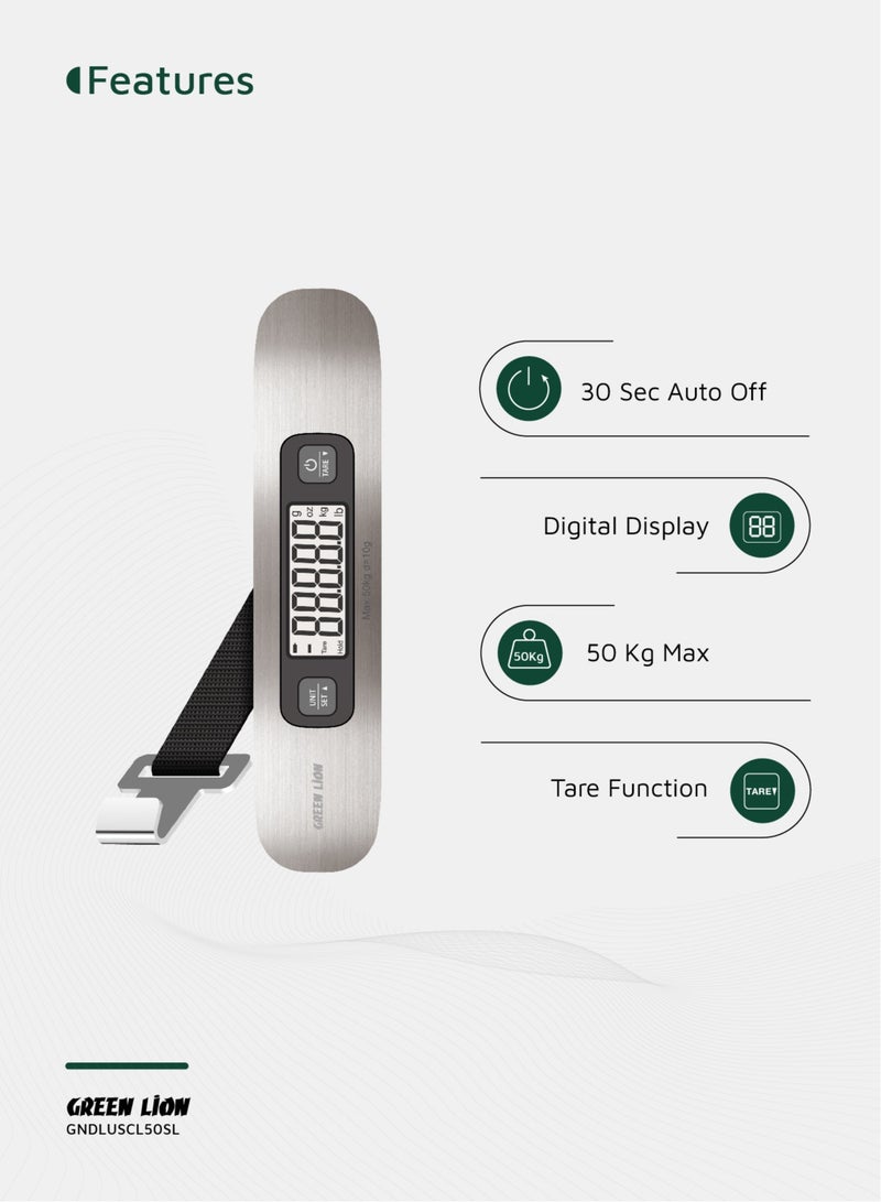 GREEN LION Digital Luggage Scale with Digital Display & Tare Function / 50 Kg Max Capacity / Auto Shut Off / Overload Indicator / Stainless Steel Material / Low Battery Indicator - Silver - Image 2