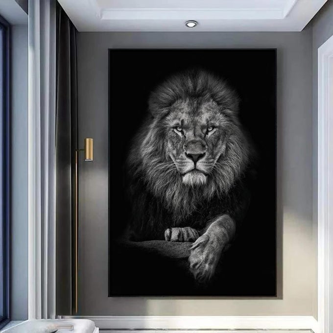 BLACK AND WHITE LION CANVAS WALL ART ANIMAL PRINTS PORTRAITS HEAD PAINTING WILD ANIMAL PICTURES POSTERS ARTWORK DECOR 16X24INCH NO FRAME