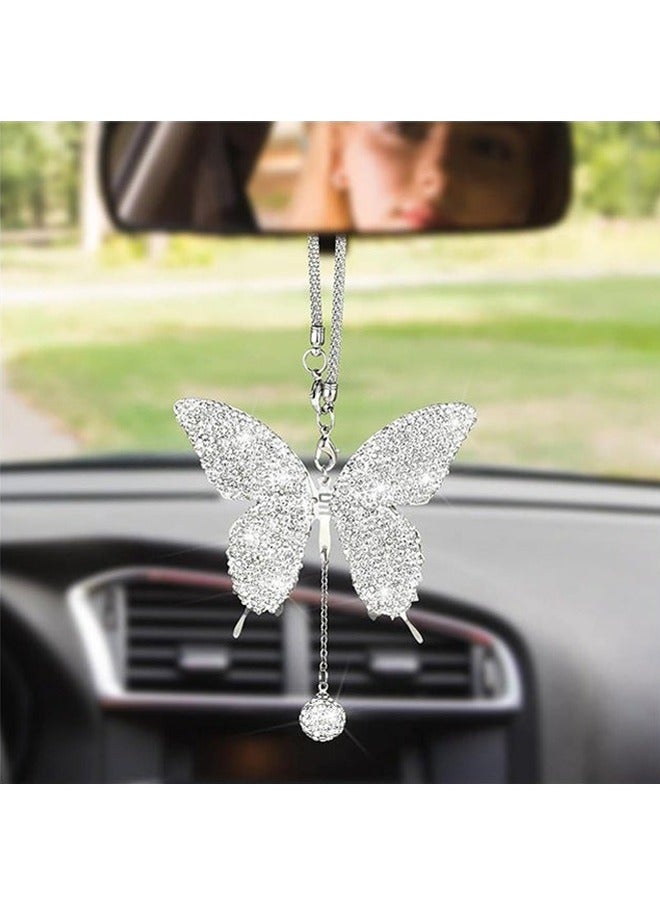 OMEVE Butterfly Shape Car Ornaments Car Interior Mirror Ornaments Car Diamond Rearview Mirror Accessories Car Hanging Ornament White - Image 1
