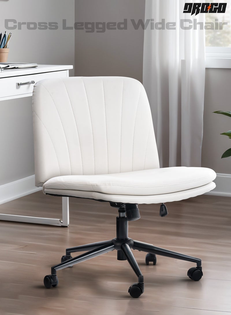 DROGO Criss Cross Legged Office Chair for Work at Home, PU Leather Accent Chair for Long Hours Sitting Comfort, Armless, Adjustable Height & Tilt Lock Recline | Swivel Computer Chair for Home Office Beige - Image 1
