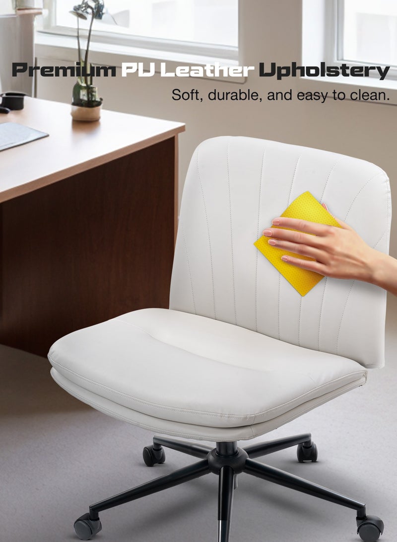 DROGO Criss Cross Legged Office Chair for Work at Home, PU Leather Accent Chair for Long Hours Sitting Comfort, Armless, Adjustable Height & Tilt Lock Recline | Swivel Computer Chair for Home Office Beige - Image 3