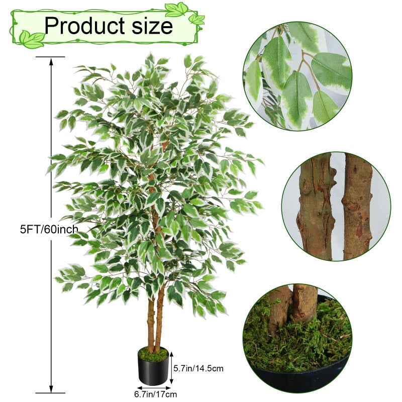 GTIDEA 2 Pcs 5ft Ficus Artificial Trees, Tall Faux Trees Indoor with Natural Trunk and Fake Silk Tree Fake Plants for Home Fall Decor Living Room Outdoor Balcony House Office (Included Dried Moss) - Image 2