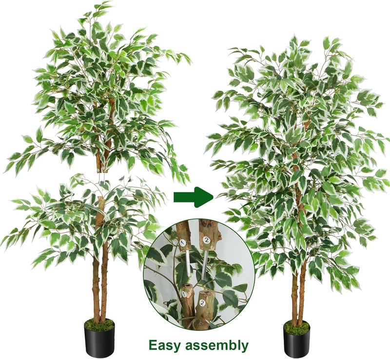 GTIDEA 2 Pcs 5ft Ficus Artificial Trees, Tall Faux Trees Indoor with Natural Trunk and Fake Silk Tree Fake Plants for Home Fall Decor Living Room Outdoor Balcony House Office (Included Dried Moss) - Image 3