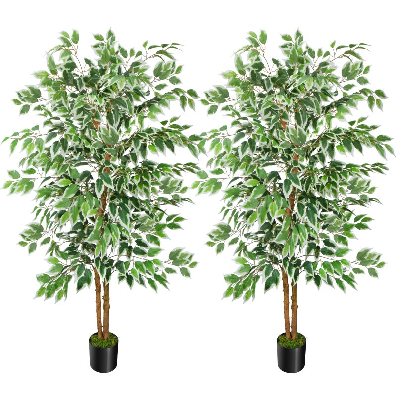 GTIDEA 2 Pcs 5ft Ficus Artificial Trees, Tall Faux Trees Indoor with Natural Trunk and Fake Silk Tree Fake Plants for Home Fall Decor Living Room Outdoor Balcony House Office (Included Dried Moss) - Image 1