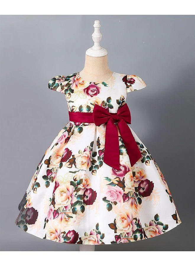 Mark & Mia Mark & Mia Floral Printed Bow Detail Short Sleeves Party Dress - White/Maroon