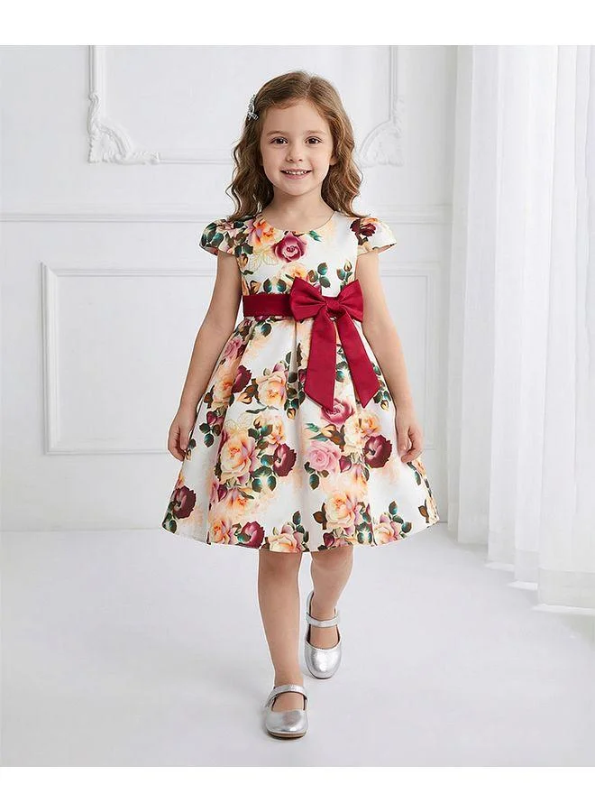 Mark & Mia Mark & Mia Floral Printed Bow Detail Short Sleeves Party Dress - White/Maroon