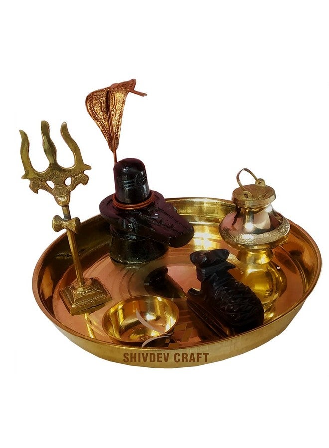 SHIVDEV CRAFT black stone shivling 3 inch and nandi 3 inch brass shiv trishul 4 inch and pooja brass bhog katori 2 inch with brass thali 8 inch brass gangajali lota kalash set of 5