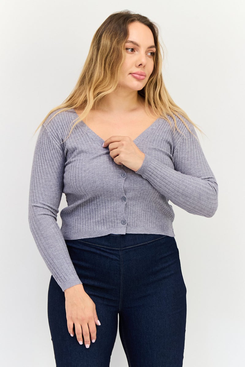 Buzz Women V Neck Textured Long Sleeves Cardigans, Grey - Image 1