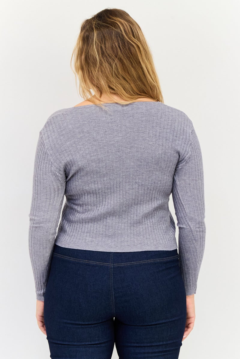 Buzz Women V Neck Textured Long Sleeves Cardigans, Grey - Image 3