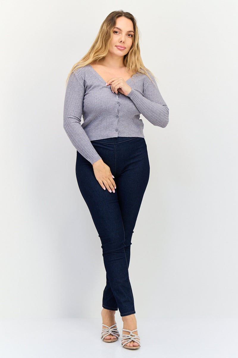 Buzz Women V Neck Textured Long Sleeves Cardigans, Grey - Image 4