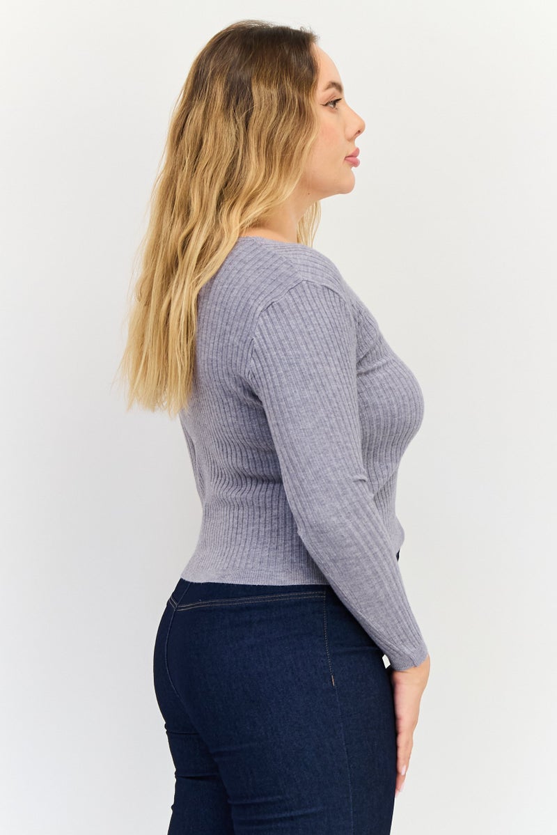 Buzz Women V Neck Textured Long Sleeves Cardigans, Grey - Image 2