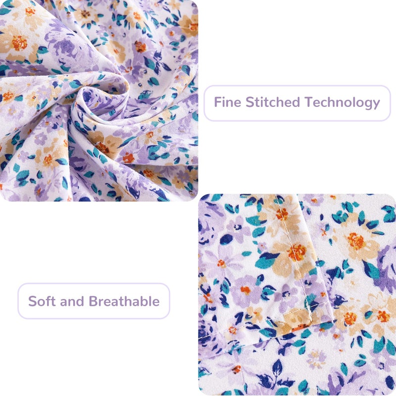 Mooreeke Floral Queen Bed Sheets, Soft Microfiber Printed Bedding Sheets & Pillowcases, Deep Pocket Non-Slip Vintage Queen Sheet, Purple Yellow Flower Pattern Bedsheets - Image 5