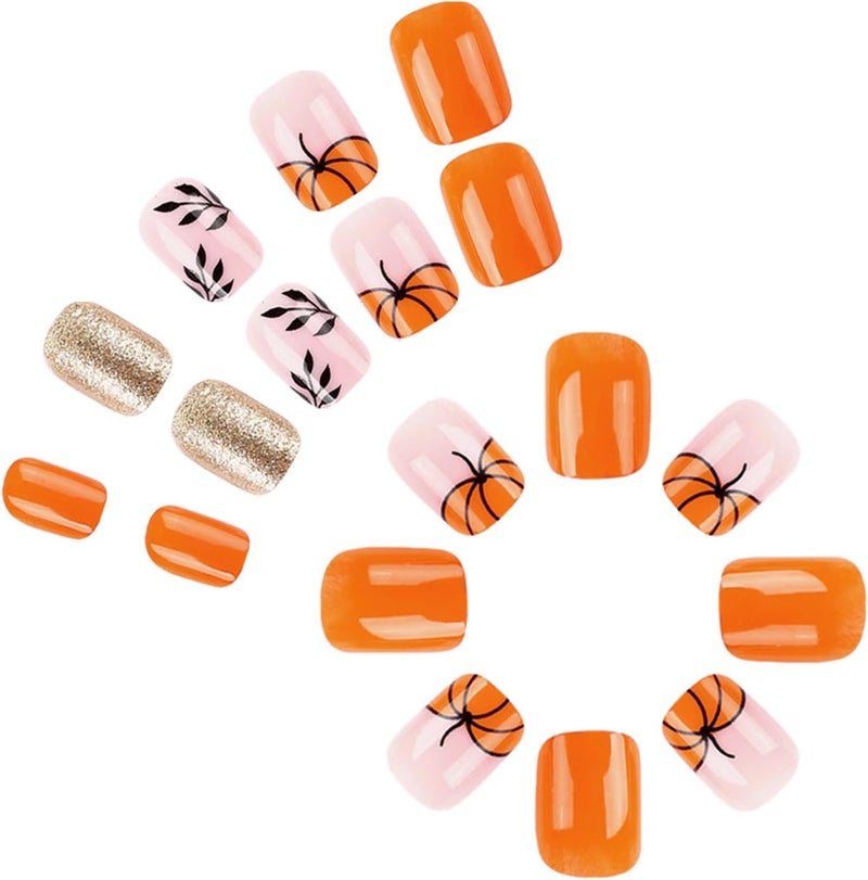 WULIUFLY Multiple options Halloween Short Fake Nails Square Press on Nails French Tip Cute Glitter Acrylic Nails Pumpkin Leaves Glue on Nails Halloween Nails Press ons Orange Halloween Press on Nails for Women Manicure Decor Sand resistant - Image 5