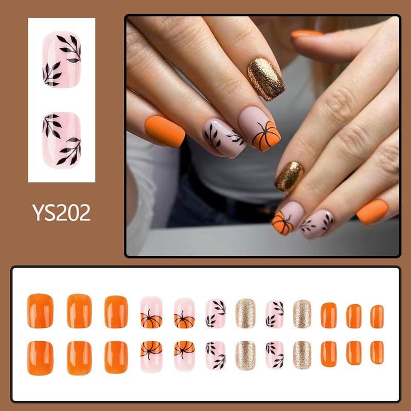 WULIUFLY Multiple options Halloween Short Fake Nails Square Press on Nails French Tip Cute Glitter Acrylic Nails Pumpkin Leaves Glue on Nails Halloween Nails Press ons Orange Halloween Press on Nails for Women Manicure Decor Sand resistant - Image 2