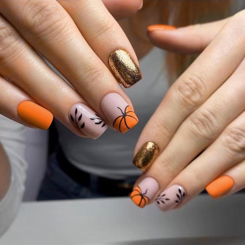 WULIUFLY Multiple options Halloween Short Fake Nails Square Press on Nails French Tip Cute Glitter Acrylic Nails Pumpkin Leaves Glue on Nails Halloween Nails Press ons Orange Halloween Press on Nails for Women Manicure Decor Sand resistant - Image 1
