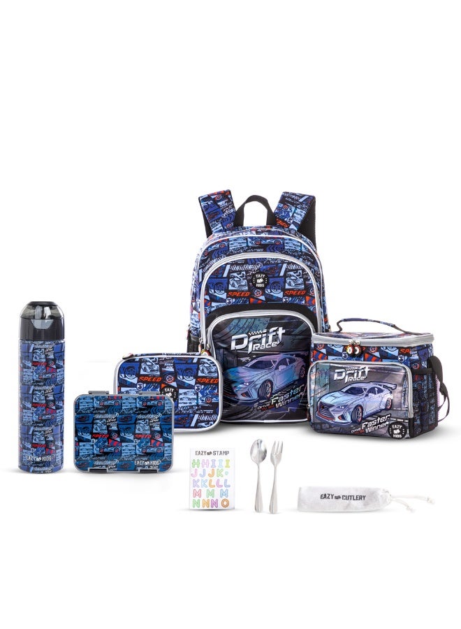 Eazy Kids 18" Set of 5 Backpack w/ Water Bottle, Lunch Box, Lunch Bag and Pencil Case - Car Racing - Image 1