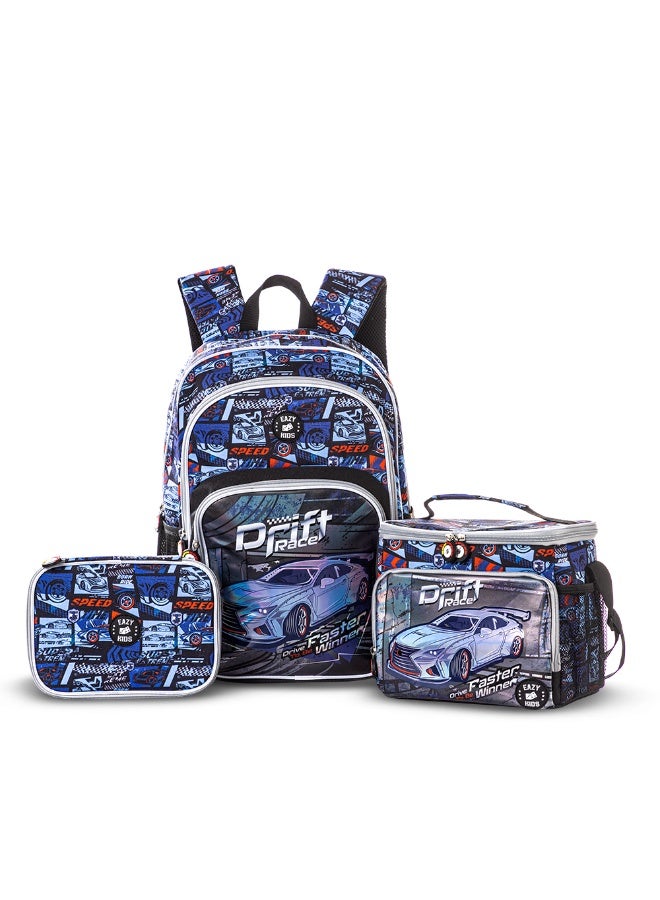 Eazy Kids 18" Set of 5 Backpack w/ Water Bottle, Lunch Box, Lunch Bag and Pencil Case - Car Racing - Image 2