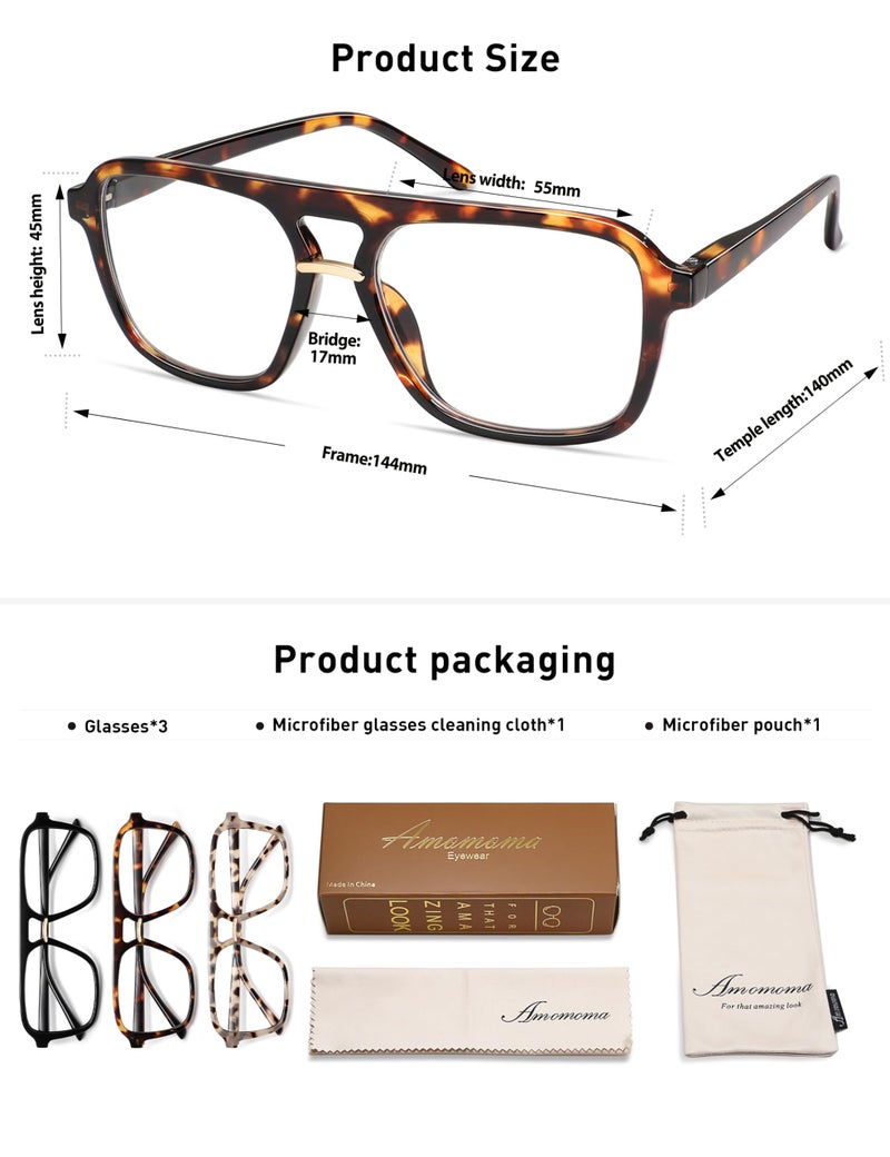 AMOMOMA 3 Pack Trendy Aviator Reading Glasses for Women Men Stylish Square Blue Light Blocking Readers AM6164 Mix (+0.00 Magnification Strength) - Image 5