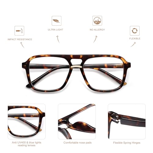 AMOMOMA 3 Pack Trendy Aviator Reading Glasses for Women Men Stylish Square Blue Light Blocking Readers AM6164 Mix (+0.00 Magnification Strength) - Image 4