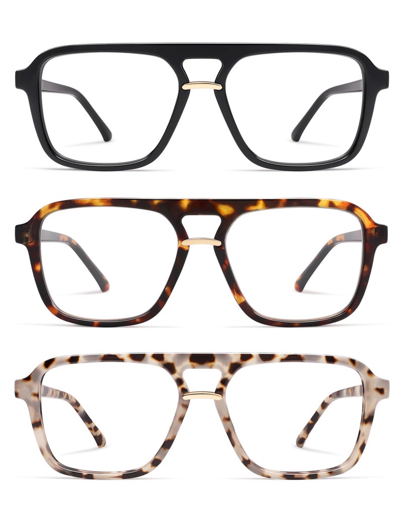 AMOMOMA 3 Pack Trendy Aviator Reading Glasses for Women Men Stylish Square Blue Light Blocking Readers AM6164 Mix (+0.00 Magnification Strength) - Image 1