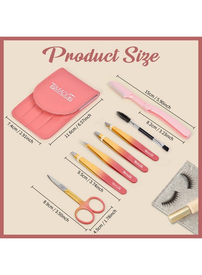 TsMADDTs Tweezer Set, Tsmaddts 7 Pcs Tweezers Set For Women, Precision Tweezer For Eyebrows With Curved Scissors And Eyebrow Razor For Ingrown Hair,Pink&Yellow - Image 2