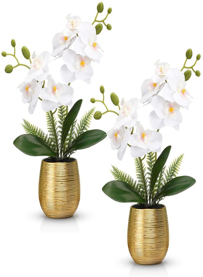 Juinte 2 Pcs Orchids Artificial Flowers in Gold Ceramic Vase 13'' White Fake Flowers Phalaenopsis Faux Orchid for Home Office Wedding Party Dining Room Table Centerpiece Decoration - Image 1