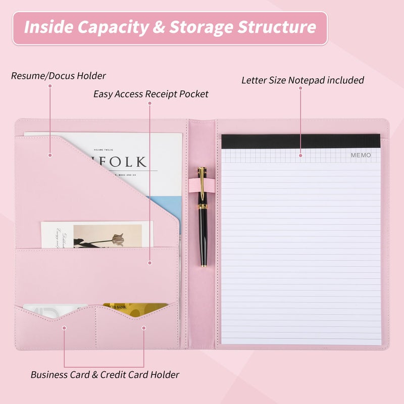Pacific Mailer Padfolio Portfolio Leather Binder, Interview Legal Document Organizer, Business Card Holder Included Letter Sized Writing Pad [Pink, Piano Noir Faux Leather Matte Finish] - Image 3