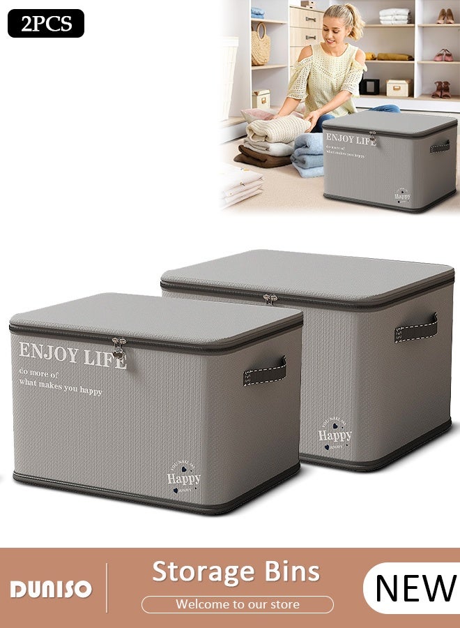 DUNISO 2 Pack Collapsible Rigid Zip Lidded Storage Boxes Foldable Closet Storage Box Washable Closet Storage Organizer Wardrobe Clothes Organizer Cube Storage Bin Closet Organizer Storage Basket with Handle for Clothing Jeans Blankets Toys - Image 1