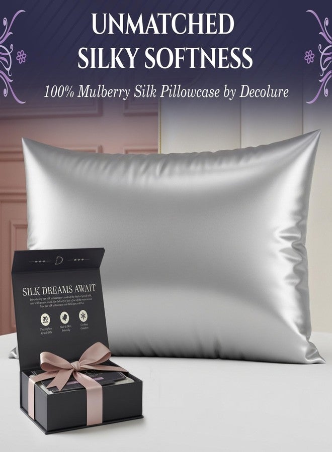 DECOLURE 100% Pure Mulberry Silk Pillow Case Standard Size - Highest Grade 30 Momme 6A+, Luxuriously Soft & Cooling Silk Pillowcase for Hair & Skin, Hypoallergenic, Breathable, Hidden Zipper (Silver) - Image 2