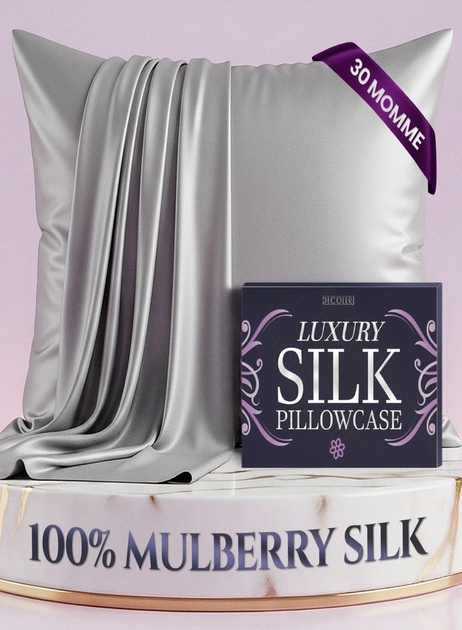DECOLURE 100% Pure Mulberry Silk Pillow Case Standard Size - Highest Grade 30 Momme 6A+, Luxuriously Soft & Cooling Silk Pillowcase for Hair & Skin, Hypoallergenic, Breathable, Hidden Zipper (Silver) - Image 1