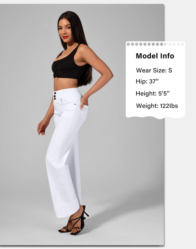 roswear Women's High Waisted Stretchy Wide Leg Jeans Cuffed Baggy Jeans Loose Denim Pants White XX-Large - Image 4