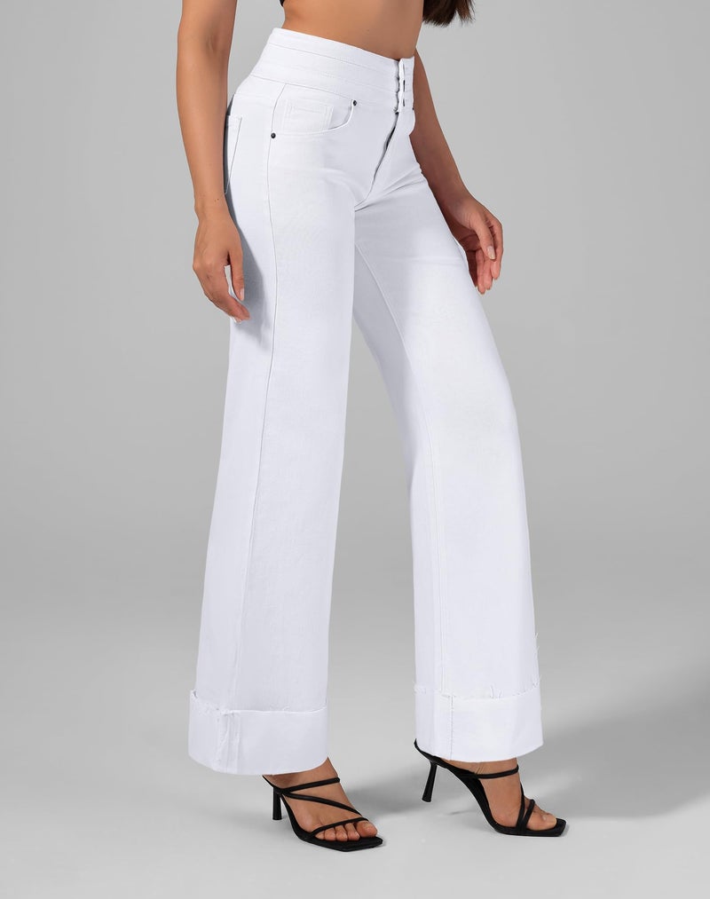 roswear Women's High Waisted Stretchy Wide Leg Jeans Cuffed Baggy Jeans Loose Denim Pants White XX-Large - Image 2