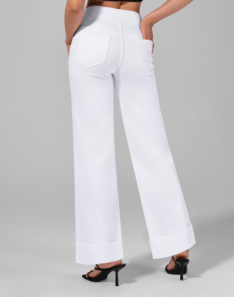 roswear Women's High Waisted Stretchy Wide Leg Jeans Cuffed Baggy Jeans Loose Denim Pants White XX-Large - Image 3