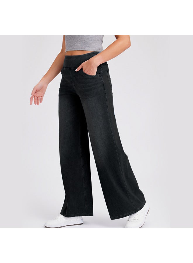 European And American High Waist Cat Maliu Yoga Jeans Women's High Elastic Slimming Loose Pocket Wide Leg Casual Pants - Image 3