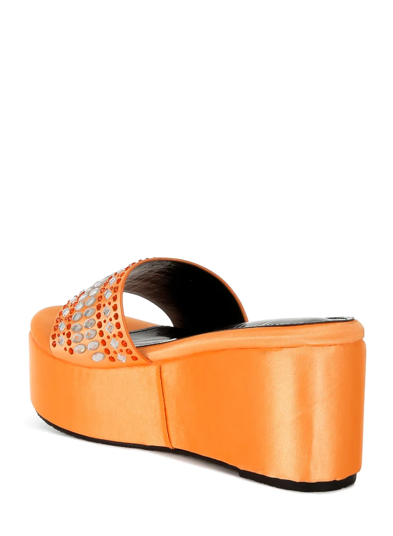 London Rag Diamante &amp; Rhinestone Detail Flatform Sandals in Orange
